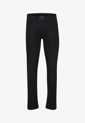 Fekete farmernadrág egyenes lábbal, öt zsebbel, elülső gombos záródással és finom textúrával. Minimális varrás kiemelések.