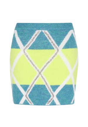 Meganita mini sijonas su argyle raštu, kuriame dominuoja teal, balta ir neoninė geltona spalvos. Sijonas pasižymi minkšta tekstūra ir briaunota juosmens linija.