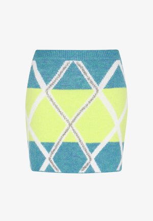 Kötött mini szoknya, amely teal, fehér és neon sárga argyle mintával rendelkezik, puha tapintású és bordás derékkal.