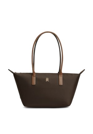 Sac à main marron foncé de forme trapèze, deux longues poignées marron et un petit logo doré centré sur le devant.