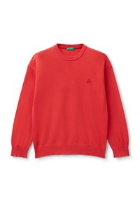 Suéter rojo de punto con un cuello redondo y puños acanalados, que presenta un pequeño detalle bordado de un pulpo en el pecho. Textura suave.