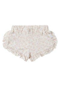 Helle Creme-Shorts mit weichem Blumenmuster, Rüschensaum, elastischem Bund und strukturiertem Stoff.