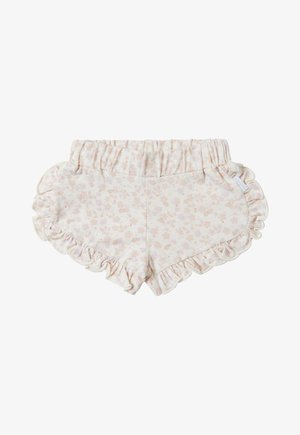 Shorts crème clair avec un motif floral doux, ourlet volanté, taille élastique et tissu texturé.