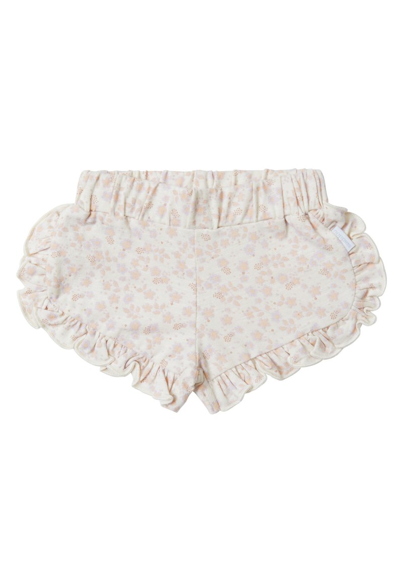 Helle Creme-Shorts mit weichem Blumenmuster, Rüschensaum, elastischem Bund und strukturiertem Stoff.