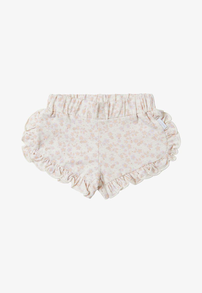 Lyscreme shorts med blødt blomstermønster, bølgede kanter, elastisk talje og struktureret stof.