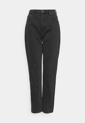 Calças de ganga pretas de cintura alta, com um design de perna reta, bolsos frontais e um detalhe em botão dourado na cinturilha.