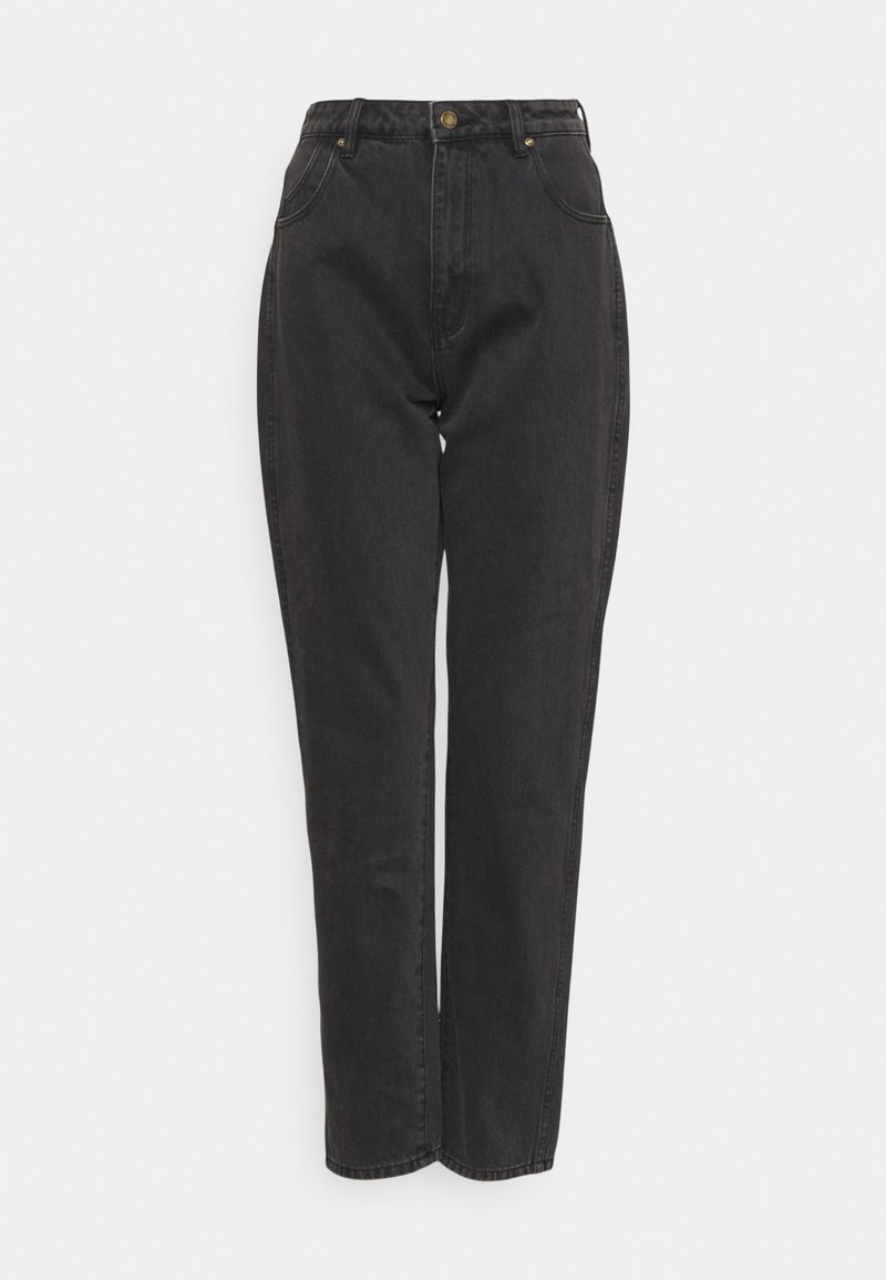 Calças de ganga pretas de cintura alta, com um design de perna reta, bolsos frontais e um detalhe em botão dourado na cinturilha.