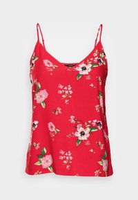 Röd blommig linne med tunna axelband, med en rundad halsringning, textur av tyg och ett mönster av rosa och svarta blommor.