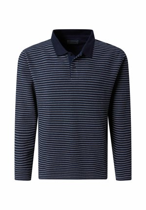 Herren-Poloshirt mit langen Ärmeln in Marineblau, mit hellblauen horizontalen Zickzackstreifen sowie einem einfarbigen, dunklen Kragen und Knopfleiste.