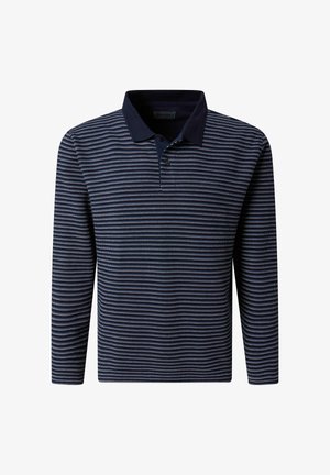 Herren-Poloshirt mit langen Ärmeln in Marineblau, mit hellblauen horizontalen Zickzackstreifen sowie einem einfarbigen, dunklen Kragen und Knopfleiste.