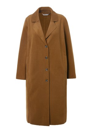 Hnědý dlouhý vlněný kabát s klopovým límcem, se šesti knoflíky vpředu a bočními kapsami. Hladká textura s uniformním designem.