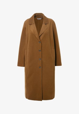 Brun, lang uldfrakke med reverskrave, seks knapper foran og sidelommer. Glat tekstur med et ensartet design.