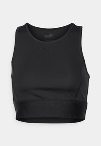 Débardeur de sport noir en matériau lisse et extensible. Présente un col rond et le logo Puma embossé au centre.