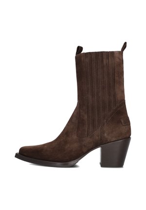 Brown suede ankle boot with a pointed toe, vertical stitching accents, and a chunky heel. Features pull tabs for easy wear.