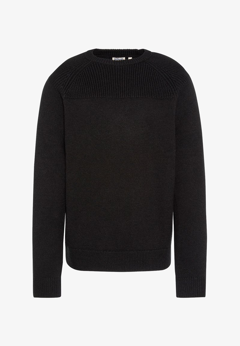 Pull en tricot noir avec un col rond côtelé, un détail texturé aux épaules et des manches longues. Tissu doux avec un design classique et polyvalent.