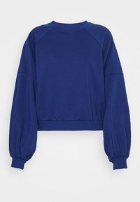 Tmavě modrá mikina s dlouhým rukávem, zkrácená, s žebrovaným výstřihem, manžetami a pasem, s volným nadýchaným střihem rukávů.