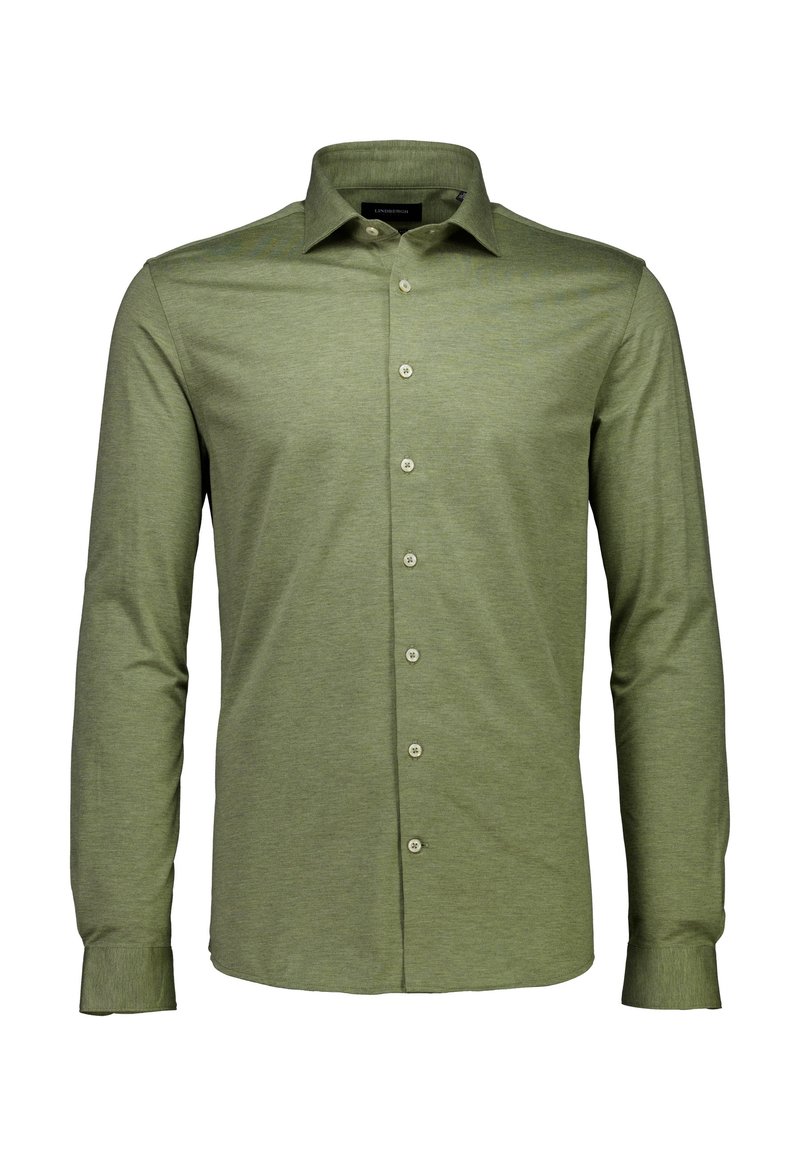 Langärmeliges Hemd mit Knopfleiste aus gedämpftem oligrünem Stoff; verfügt über einen spitzen Kragen, eine Knopfleiste und ein-Knopf-Manschetten.