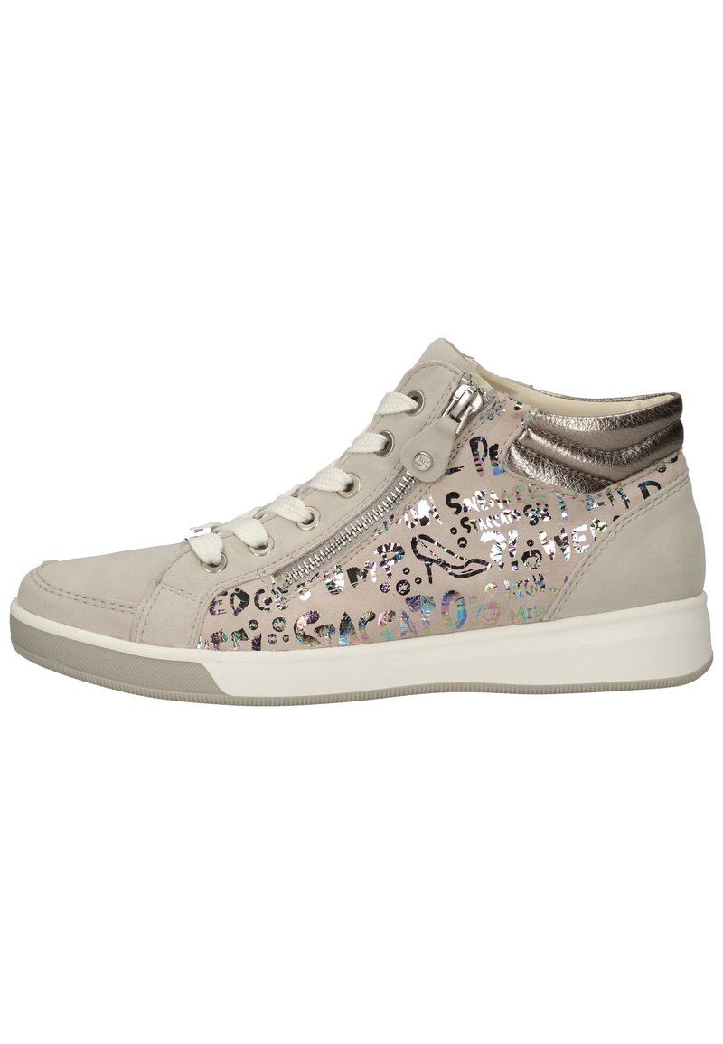 Hoge sneakers van lichtgrijs suède met een glanzend zilveren accent. Voorzien van een zijrits, witte veters en een meerkleurige graffiti-stijl print.