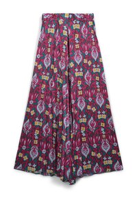Floral skirt featuring a pink, turquoise, and yellow pattern with a flowing design. Made of lightweight fabric with a loose fit and elastic waistband.