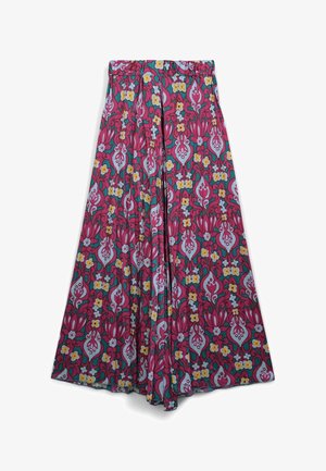 Jupe florale avec un motif rose, turquoise et jaune, au design fluide. Fabriquée en tissu léger avec une coupe ample et une taille élastique.