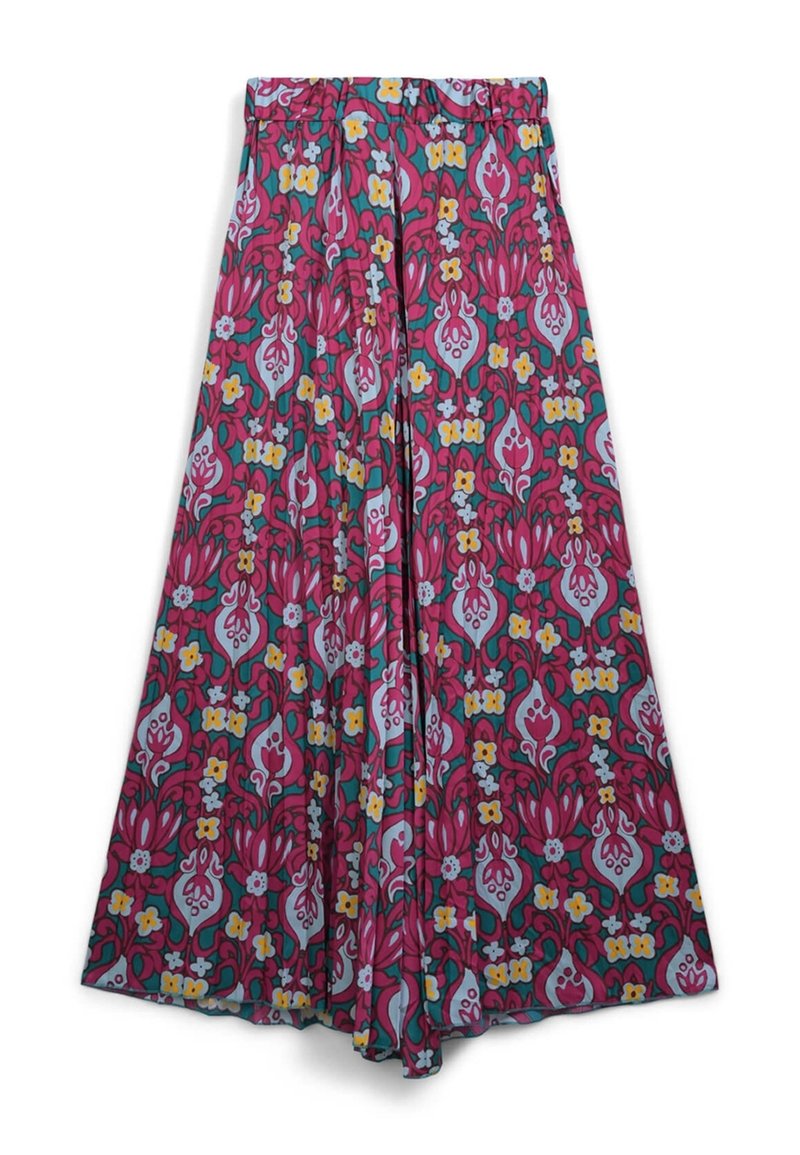 Floral skirt featuring a pink, turquoise, and yellow pattern with a flowing design. Made of lightweight fabric with a loose fit and elastic waistband.