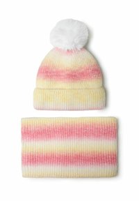 Kötött sapka és hozzáillő nyakmelegítő pasztell sárga, rózsaszín és fehér csíkokkal. A sapka tetején fehér pom-pom található.