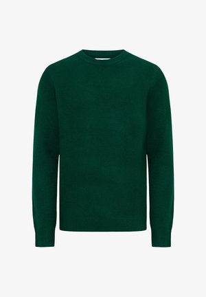 Dark green knit sweater featuring a crew neckline and long sleeves, made from soft fabric with a subtle textured finish.