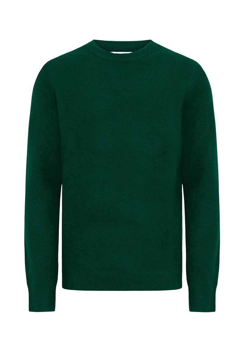 Jersey de punto verde oscuro con cuello redondo y mangas largas, confeccionado en una tela suave con un acabado texturizado sutil.