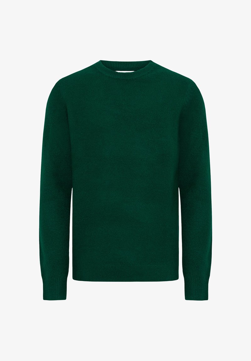 Dark green knit sweater featuring a crew neckline and long sleeves, made from soft fabric with a subtle textured finish.