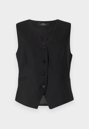 Gilet nero senza maniche con scollo a V, cinque bottoni sul davanti, due tasche laterali e una texture liscia. Design semplice e sartoriale.