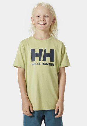 Camiseta de algodón verde claro con un logo gráfico en navy "HH" y el texto "HELLO HANSEN" debajo. Manga corta y cuello redondo.