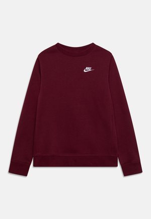 Bourgognefarvet langærmet sweatshirt med rund hals og lille hvid Nike-logo på øverste venstre bryst, enkel i design, med ribstrikkede manchetter og kant.