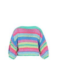 Maglione lavorato a maglia multicolore con maniche corte e gonfie. Presenta strisce orizzontali in rosa, blu, verde e giallo. Vestibilità cropped.