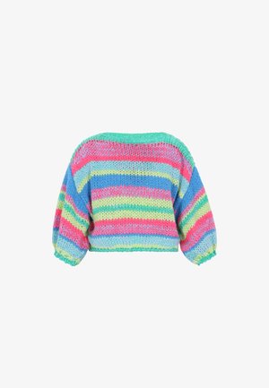 Multikleurige gebreide trui met korte, opgeblazen mouwen. Beschikt over horizontale strepen in roze, blauw, groen en geel. Cropped pasvorm.