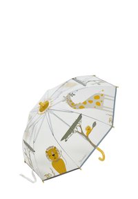 Transparent umbrella with yellow animal illustrations, including a lion and giraffe. Features a curved yellow handle and metal frame.