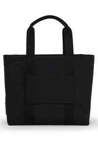 Zwarte tote bag van soepel stof, met twee stevige handvatten, een rechthoekig lichaam en een grote voorzak zonder hardwaredetails.