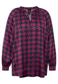 Multifarvet langærmet bluse i pink og grøn hundetand, med en samlet halsudskæring med bindebånd og elastiske manchetter.