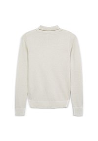 Hellgrauer, langärmeliger Rollkragenpullover mit gerippten Bündchen und Saum. Weiche Textur, minimalistisches Design, keine sichtbaren Muster oder Beschläge.