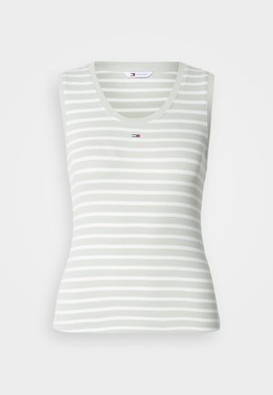 Light green ribbed tank top with white horizontal stripes. Features a round neckline and a small logo on the chest. Slim fit design.