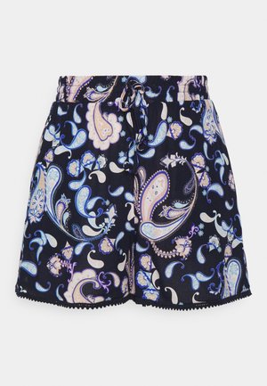 Pantaloni corti navy con un motivo paisley in blu, rosa e crema. Presentano una vita con cordino e dettagli a scallop lungo l'orlo.