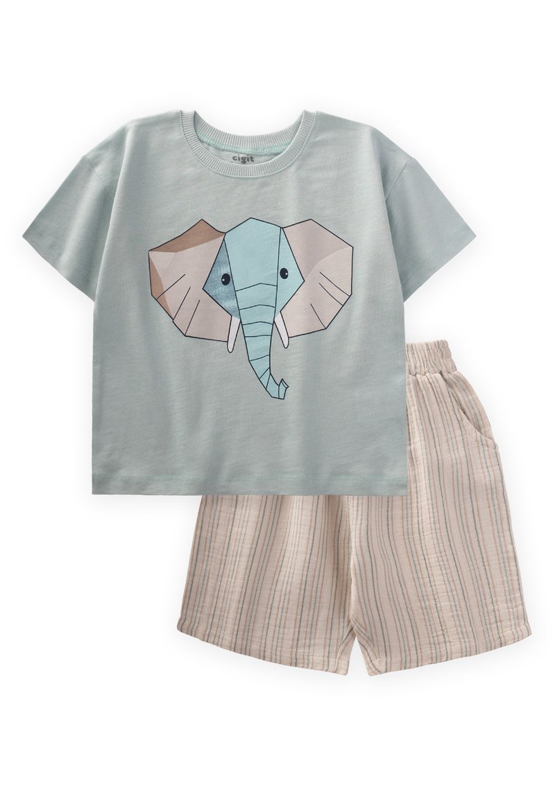 Lichtblauwe katoenen t-shirt met een geometrisch olifantontwerp; gecombineerd met beige gestreepte shorts gemaakt van een zachte stof.