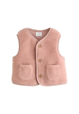 Gilet bébé rose doux avec une texture duveteuse, trois boutons en bois sur le devant et deux petites poches frontales.