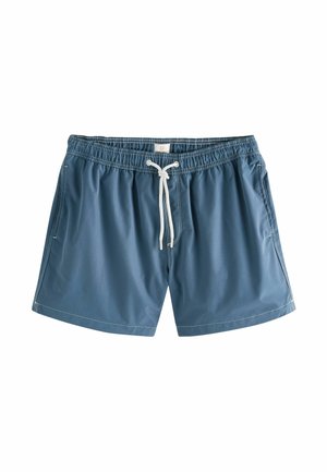 Nööriga ujumispüksid keskmises sinises toonis, keskmise reie pikkusega, valmistatud kergest kangast, valge õmblusega ja kahe küljetaskuga.