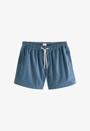 Nööriga ujumispüksid keskmises sinises toonis, keskmise reie pikkusega, valmistatud kergest kangast, valge õmblusega ja kahe küljetaskuga.