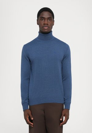Blue turtleneck sweater made of knit fabric, with long sleeves and ribbed cuffs, featuring a subtle logo on the chest.