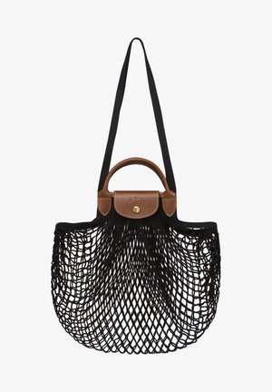 Black netted tote bag with a brown leather accent and handle, featuring a circular design with adjustable fabric straps for carrying.