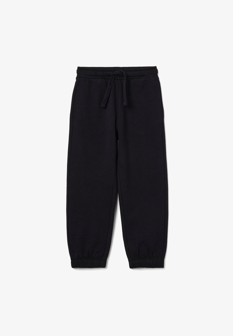 Schwarze Fleece-Sweatpants mit elastischem Bund, Kordelzug, seitlichen Taschen und elastischen Bündchen.