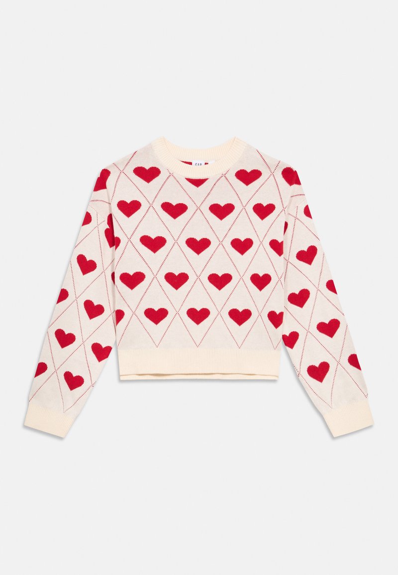 Pleteni pulover z osnovo v kremni barvi in rombastim vzorcem rdečih src, rebrastim okroglim izrezom in manšetami, z odrezanim krojem.