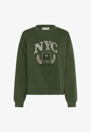 Felpa verde con scollo rotondo, maniche lunghe e forma cropped. Caratterizzata da dettagli ricamati con "NYC" e un logo a scudo.