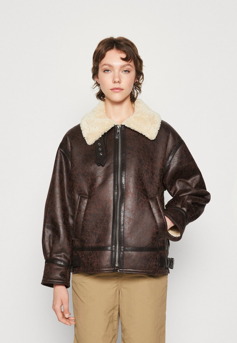 BDG Urban Outfitters LONGLINE AVIATOR - Faux leather jacket - chocolate ...